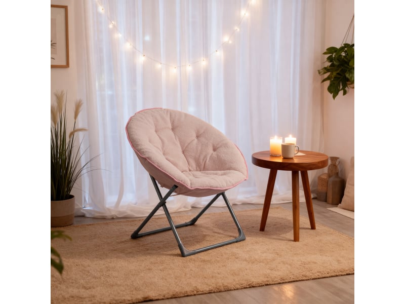 Fauteuil lune pliable en peau de mouton rose, chaise portable douce et confortable, design compact - Conforama E