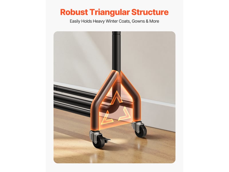  Vevor portant a vetements avec roulettes, porte-manteau robuste en acier carbone avec barre de suspension et crochets lateraux, charge de 90 kg, penderie a vetements pour chambre, buanderie, salon  - Conforama E