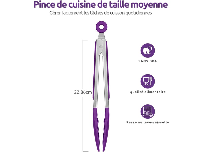  Pince de cuisine en silicone résistant à la chaleur avec embouts en caoutchouc scellés et poignée en acier revêtue de silicone pour servir (violet) No Commercial reference - Conforama B