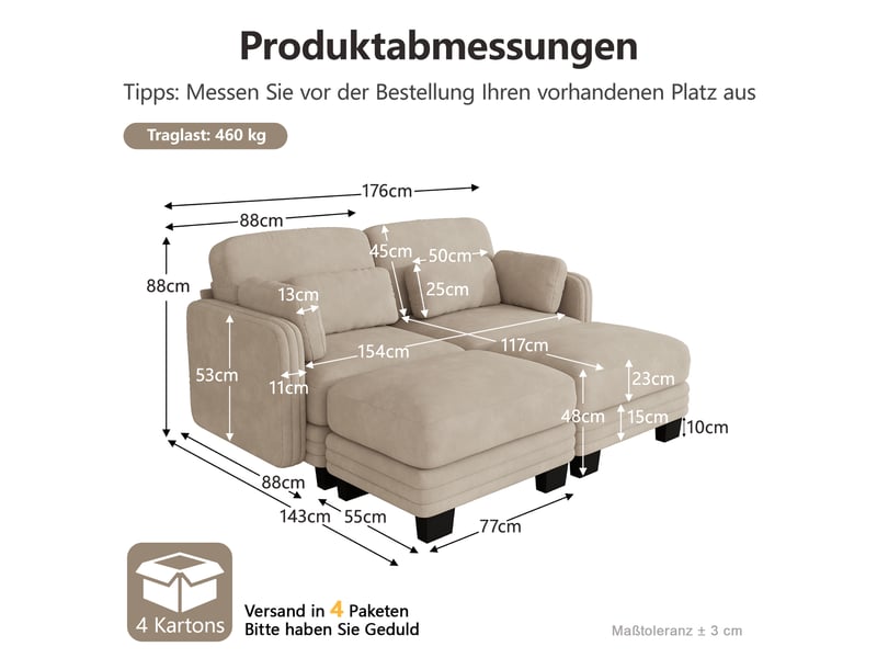 Canapé modulable 2 places 176x143x88 cm avec 2 poufs en chenille beige clair  - Conforama C