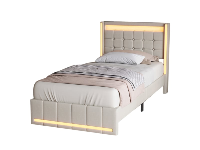 Lit 90x200 cm avec led,usb et 2 tiroirs, lit simple en lin beige, sommier à lattes inclus, lit enfant adolescent moderne - Conforama A