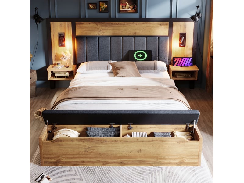  Lit double 160x200 avec chevets, liseuses et banc de rangement evryae  - Conforama D