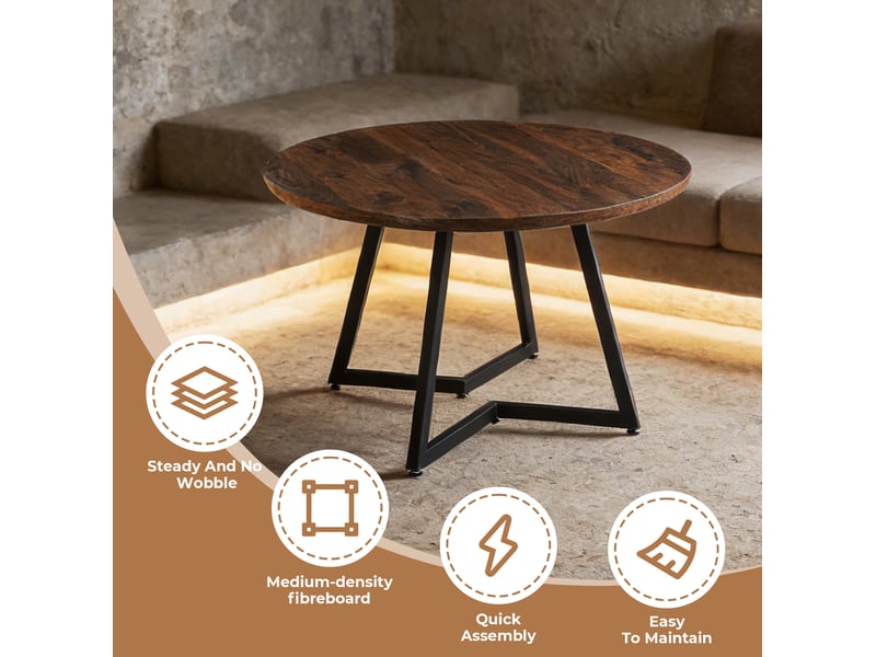 Table de salle à manger ronde ø110 cm, 75 cm h, plateau mdf noyer, pieds métal, design fixe, moderne et stable, élégant - Conforama D