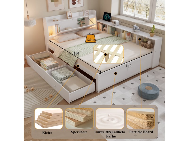  Lit double pour chambre, chevet avec niche, deux luminaires et port usb, 140x200cm, blanc, bois et mdf  - Conforama E