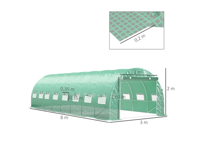  Serre de jardin tunnel 24m² 8l x 3l x 2h m - 16 fenêtres, porte zippée enroulable acier galvanisé, bâche pe, vert  - Conforama E