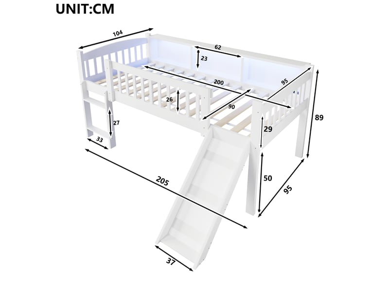  Lit mezzanine enfant 90 x 200 cm avec toboggan, 3 placards de rangement, led et port usb, barrière de sécurité et échelle, en bois blanc  - Conforama E
