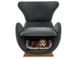 Fauteuil lounge gris en tissu avec niche intégrée pour votre petit compagnon, design requin-baleine et assise confortable