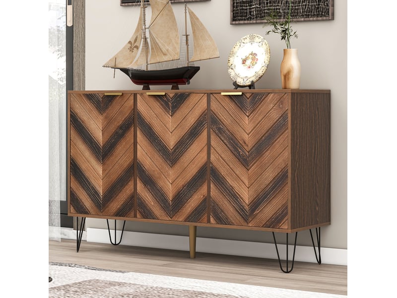 Buffet bas 3 portes en bois naturel et noir, avec rangements et pieds en fer, 120 x 38 x 76,5 cm - Conforama B