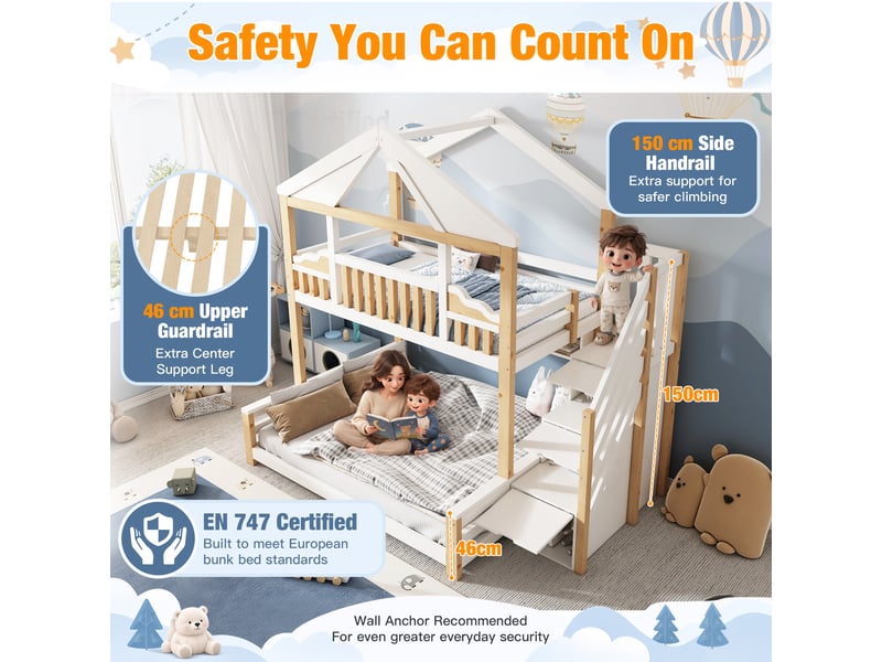 Lit superposé 90x200+140x200 cm avec toit diamant, bois, armoire escalier, étagère suspendue, sommier, en 747, blanc et bois naturel, sans matelas - Conforama E