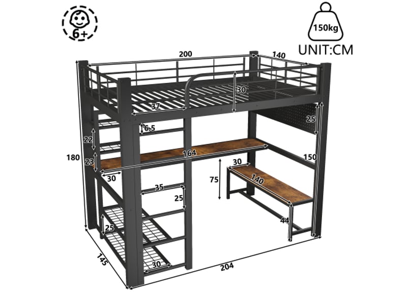 Lit mezzanine 140x200 cm métal noir led, bureau bois, rangements, barre de séchage - sans matelas - Conforama C