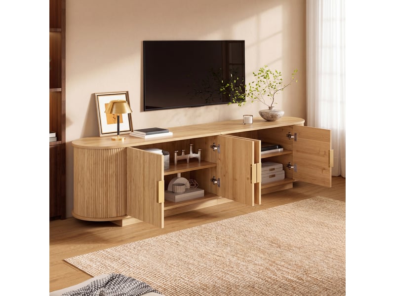  Meuble tv 180 x 35 x 50 cm, façade ondulée, 4 portes avec poignées métal, grand rangement, mdf et aggloméré, naturel Bubbly - Conforama C