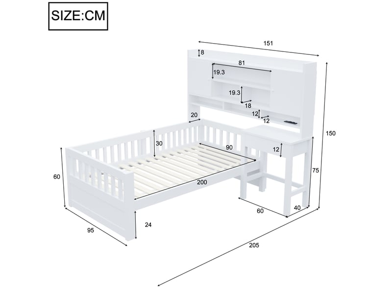  Lit enfant 90 × 200 cm avec bureau à tiroirs, rangements en tête de lit, barrières, éclairage led et prise, blanc  - Conforama C