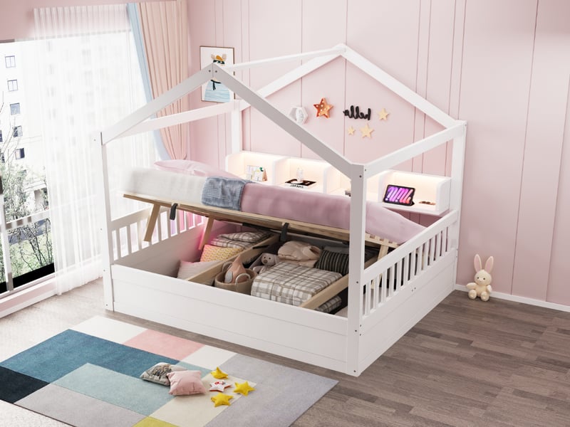  Lit cabane 140 × 200 cm, coffre relevable, niches de rangement, led et prise, avec toit ouvert, en pin et mdf, blanc  - Conforama B