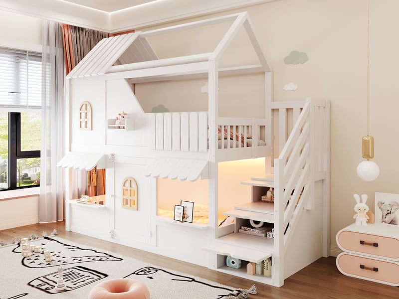 Lit mezzanine cabane 90 × 200 cm, led, escalier avec rangements, toit, fenêtres et porte ouvrante, bois et mdf, blanc - Conforama B