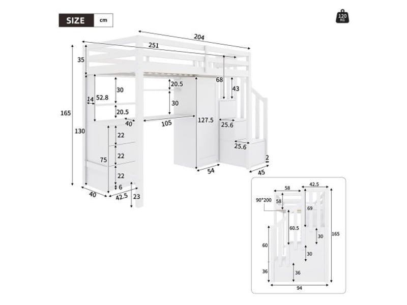  Lit mezzanine 90x200 cm coloris blanc bois massif lit enfant blanc - Conforama C
