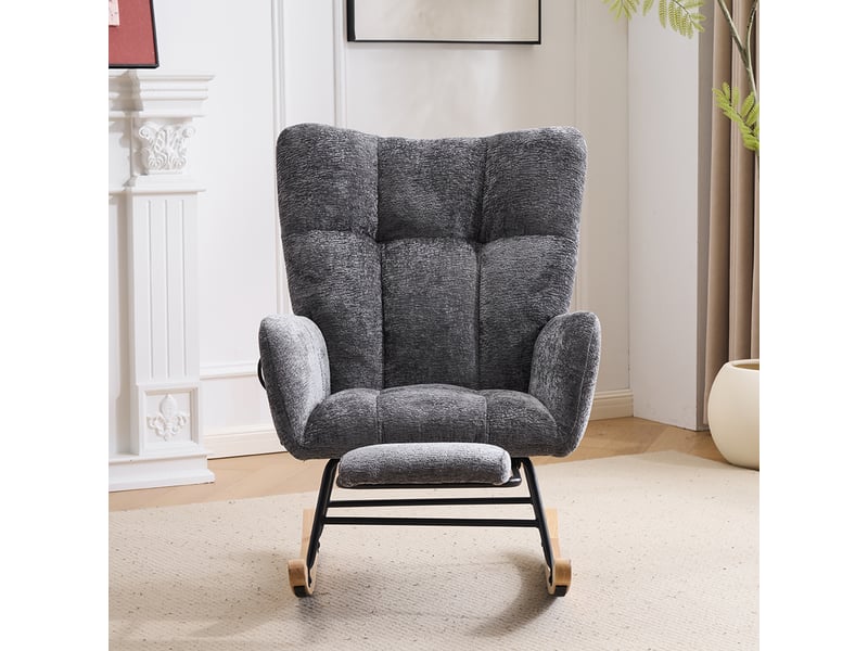  Fauteuil à bascule d'allaitement gris foncé en tissu chenille avec dossier haut et coussins d'air réglables  - Conforama D