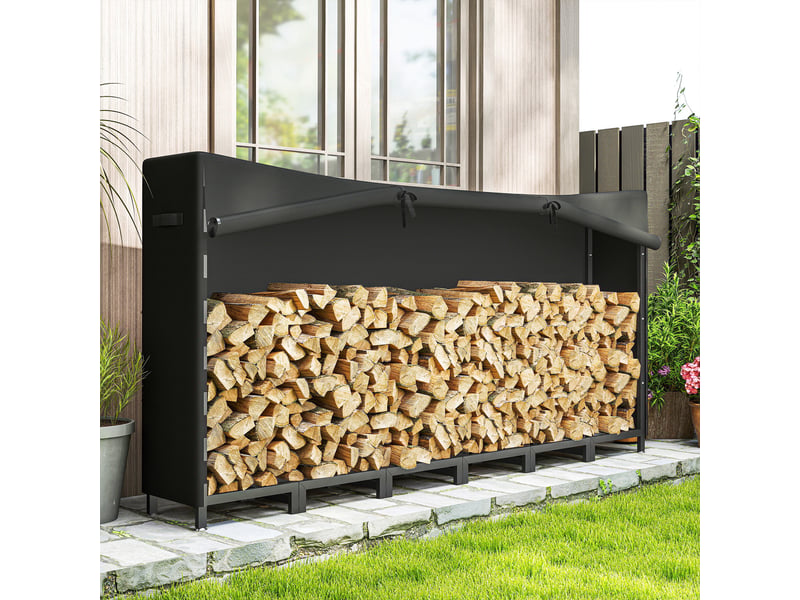 Porte-bûches extérieur avec bâche imperméable, structure en acier réglable, 150 kg - Conforama D