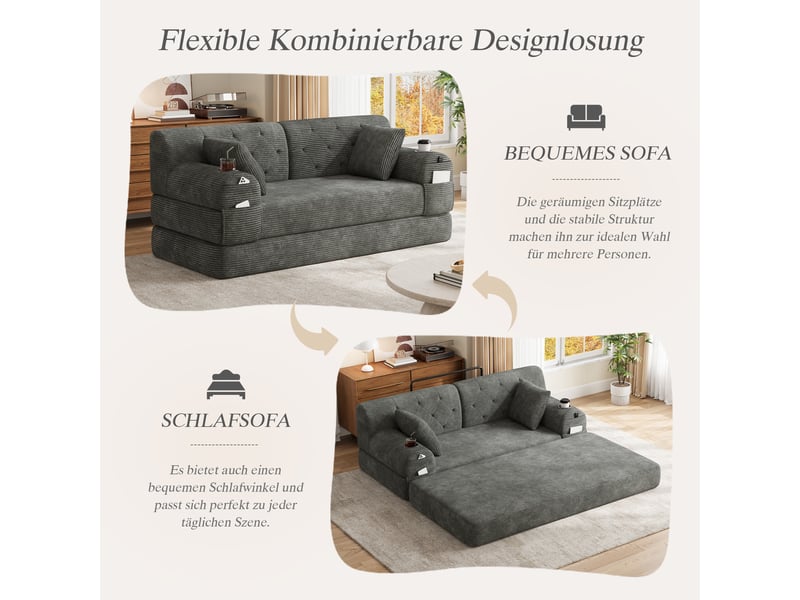 Canapé convertible, canapé-lit, 2 places, en velours, gris foncé, poches latérales, structure métallique, porte-gobelets - Conforama A