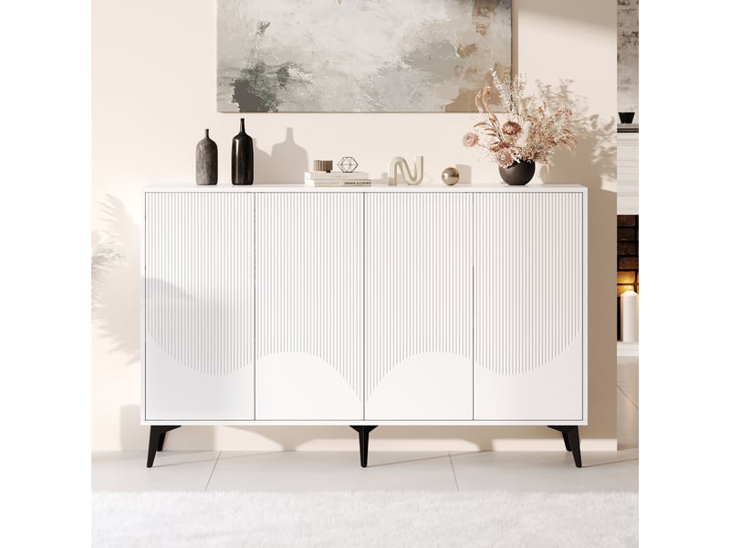  Buffet en panneaux de particules avec 4 portes,étagères réglables et pieds en métal noir,160x35x100cm,blanc buffet blanc - Conforama B