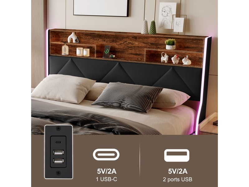 Lit coffre 140x200cm - lit double 140x200 - lit adulte 140x200 - tête de lit avec led et ports usb - design géométrique - noir - Conforama D