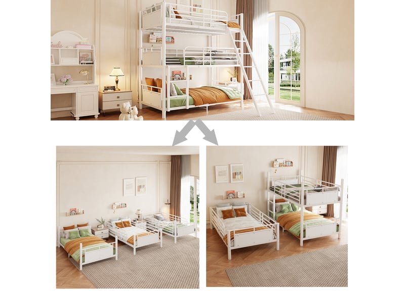  Lit superposé enfant 90 × 200 cm 3 places avec 2 échelles et barrières, sans matelas, métal et bois blanc  - Conforama B