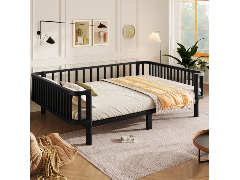  Lit double 140 × 200 cm à sommier acier renforcé, convertible en canapé pour chambre, salon, studio ou bureau, noir  - Conforama B