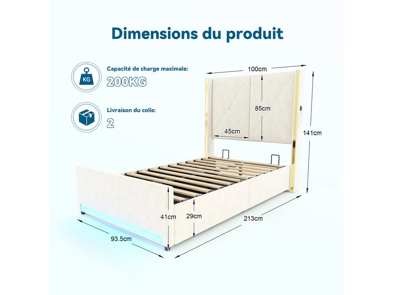  Lit coffre 90 x 200 cm, relevage hydraulique, tête haute capitonnée, ports usb et type-c, led, velours beige  - Conforama C