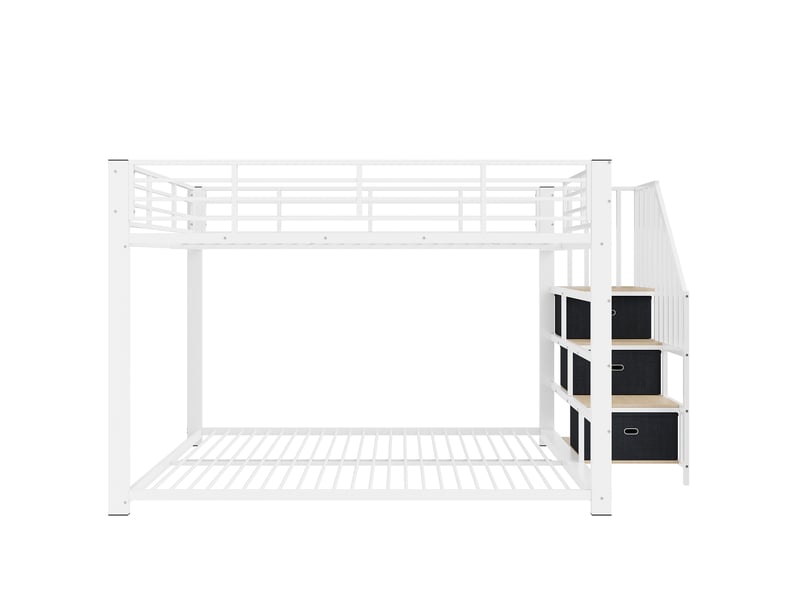 Lit superposé adulte en métal blanc 140x200 cm, escalier réversible, led et prises - Conforama A