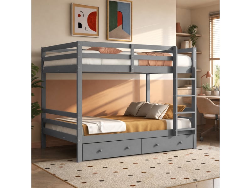  Lit superposé gris 140 x 200 cm avec tiroirs, rangements et barrières hautes  - Conforama B