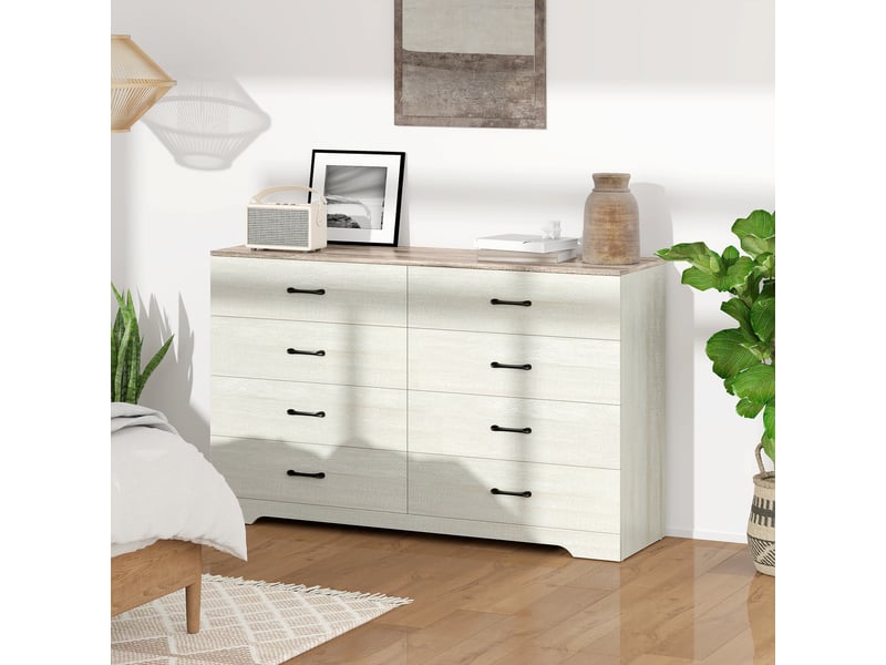  Commode moderne en bois à 8 tiroirs, 140 x 40 x 86 cm, noyer et gris clair  - Conforama D
