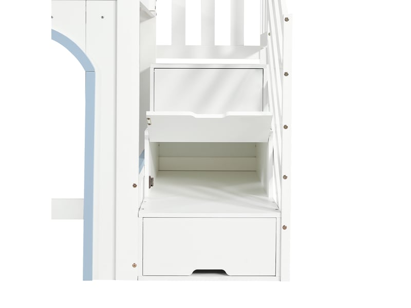 Lit superposé blanc et bleu 90×200 cm, pin, mdf, contreplaqué, escalier avec rangement, fenêtres et sommier à lattes - Conforama D