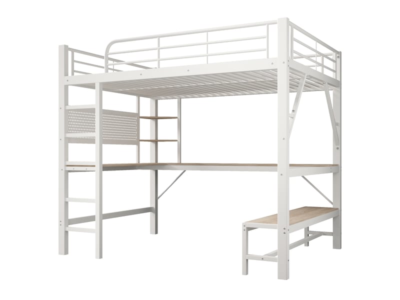  Lit mezzanine 160 × 200 cm, avec bureau, led, ports usb et usb-c, étagères et panneau perforé, métal et mdf, blanc  - Conforama A
