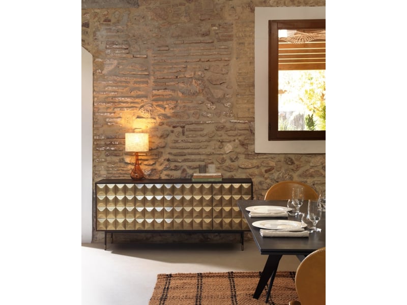 Buffet 4 portes en manguier massif avec façade en laiton doré - Conforama D