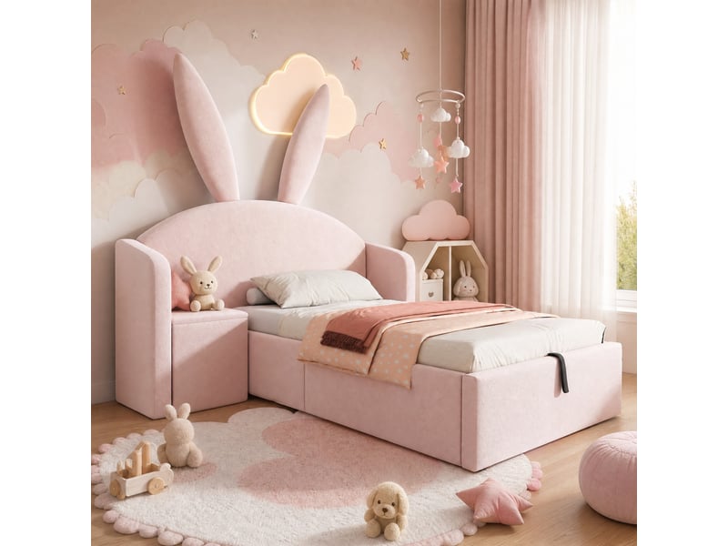  Lit coffre 90x190 cm avec table de chevet en velours rose  - Conforama C