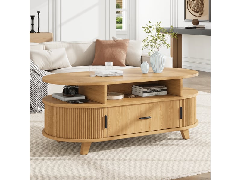  Table basse ovale 100x50x40 cm avec rangement coloris bois naturel  - Conforama D