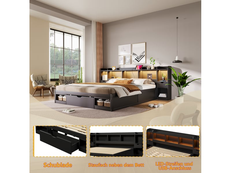 Lit plateforme 180 × 200 cm avec 3 tiroirs, rangements, éclairage led et port usb en mdf noir pour chambre - Conforama E