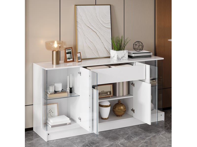  Buffet 150x40x75 cm avec vitrines led réglables par application en panneaux de particules blanc  - Conforama D