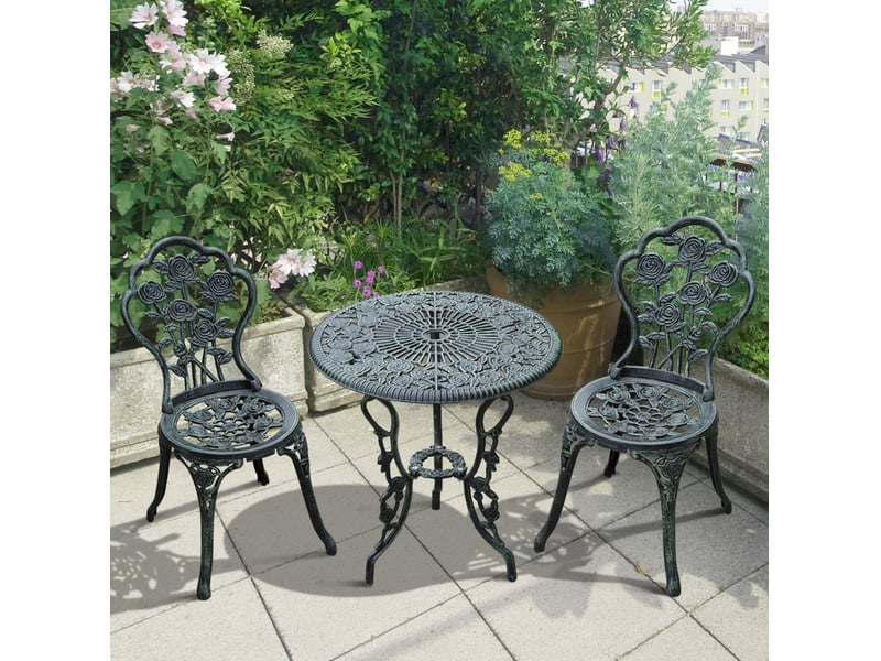  Salon de jardin bistrot 3 pièces ø60 cm – vert antique – table ronde avec décor floral et 2 chaises  - Conforama B