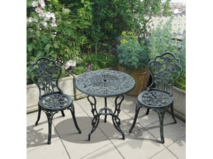 Salon de jardin bistrot 3 pièces ø60 cm – vert antique – table ronde avec décor floral et 2 chaises