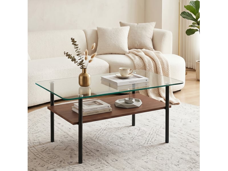  Table basse avec plateau en verre, étagère de rangement en mdf et structure en métal noir, pour salon, 98 × 58 × 45 cm  - Conforama C