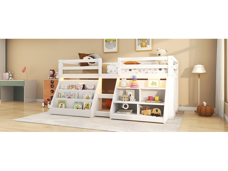  Lit mi-hauteur 90x200 cm en pin avec rangement, échelle et led blanc chicfurn  - Conforama E