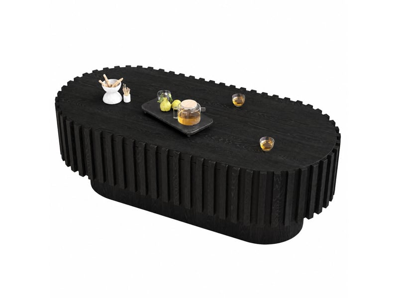  Table basse de salon ovale 100x50x35,5 cm avec tiroir en mdf, coloris noir, décor à bandes verticales, design moderne  - Conforama A