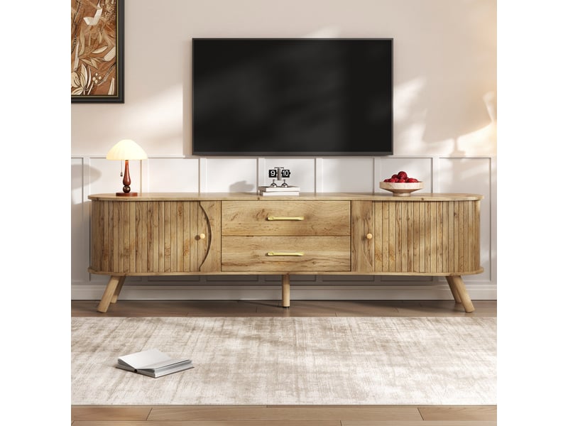 Meuble tv 160x36,5x55 cm, 2 tiroirs, portes coulissantes, façades texturées, pieds bois, grand rangement pour salon - naturel  - Conforama E