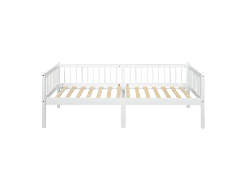 Lit banquette 90x200 cm blanc en pin avec barrières 3 côtés et 14 lattes - Conforama A
