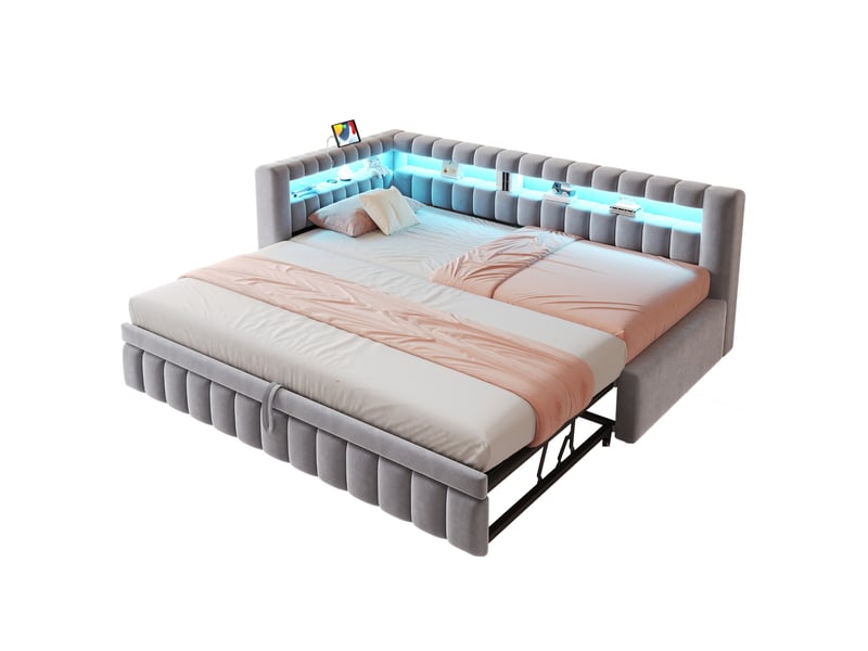  Lit gigogne 90x200 cm avec éclairage led et ports usb et type c, en velours gris clair  - Conforama A