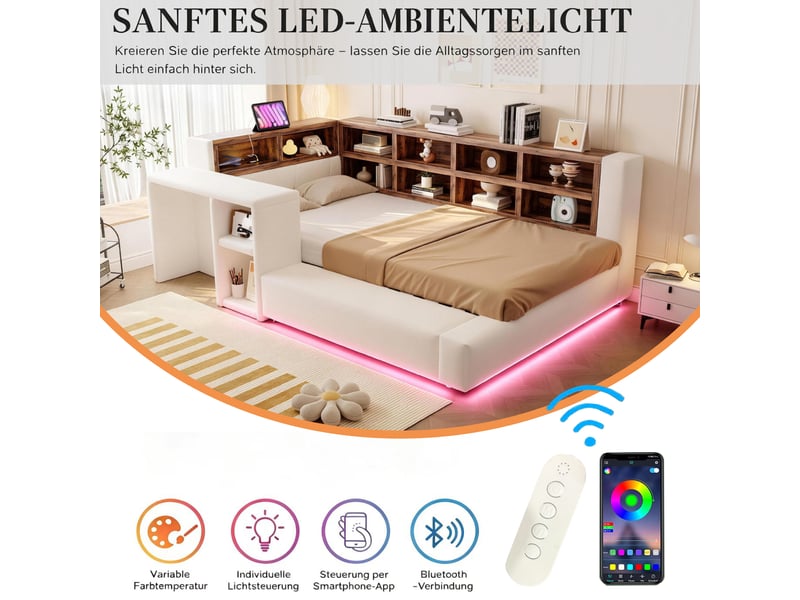 Lit enfant multifonctionnel 90x200 cm - lit simple avec rangement, étagères, led, prises et table d'appoint - beige - Conforama R