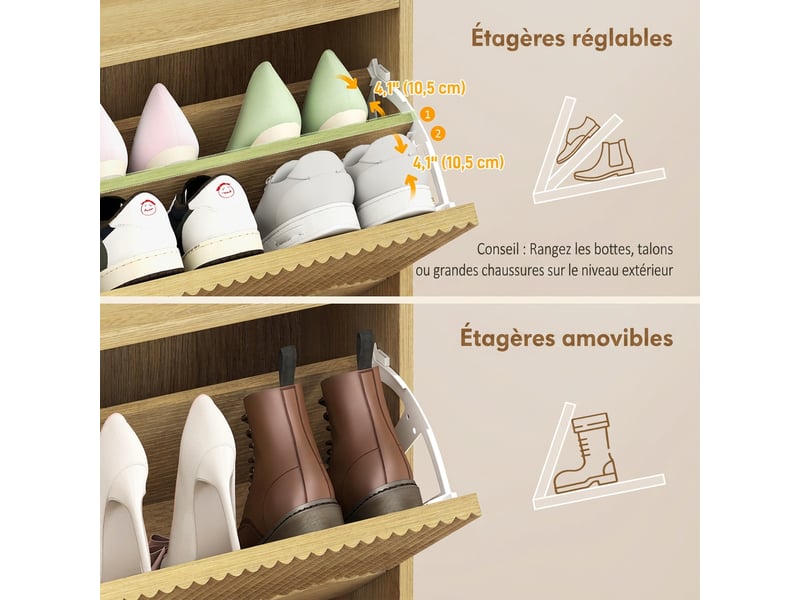  Meuble à chaussures style bohème chic 3 portes abattantes aspect bois clair sculpté  - Conforama E