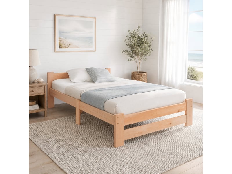  Lit simple 90x200 cm avec tête de lit et sommier à lattes en bois naturel  - Conforama C