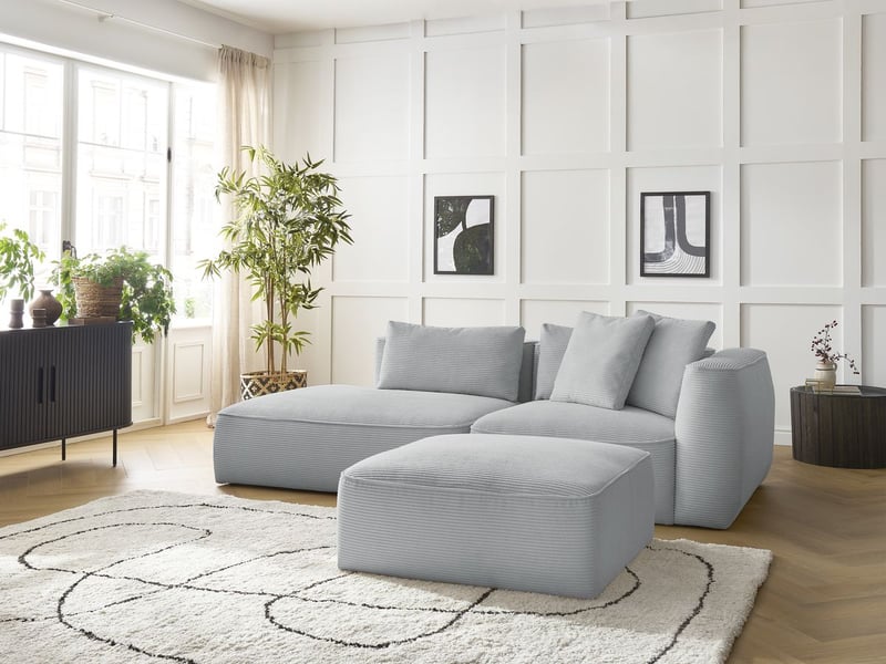  Bobochic canapé droit fixe 3 places leopold velours côtelé avec pouf gris clair  accoudoir droit LEOPOLD - Conforama D
