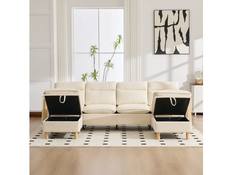 Canapé droit 4 pl 261x77x86 cm poches latérales et pieds en bois, 2 poufs de rangement, tissu chenille beige, pour le salon - Conforama E